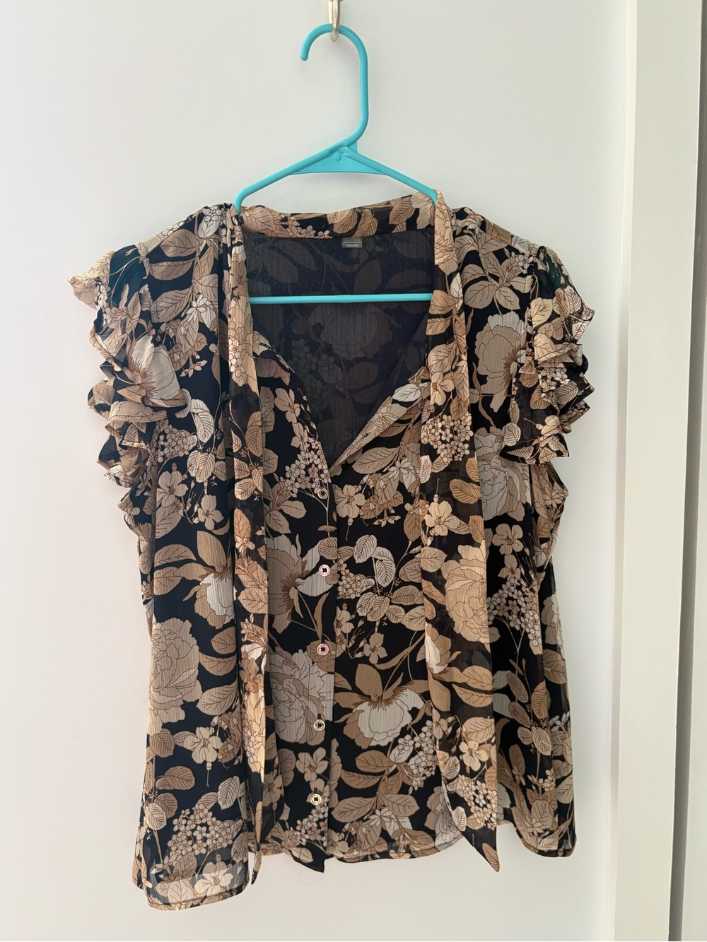 Tommy Hilfiger Black and Beige Floral Tie-Neck Ruffle Sleeve Blouse
